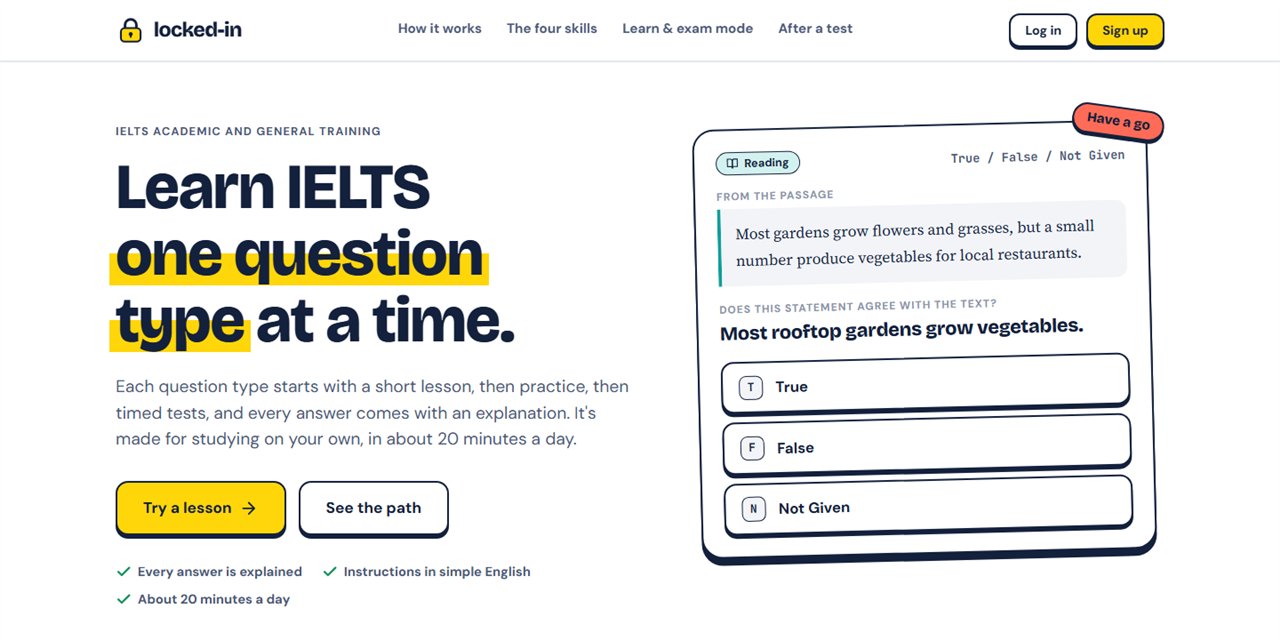 Portada de Locked-In: «Learn IELTS one question type at a time», con un ejemplo de pregunta verdadero, falso o no dado